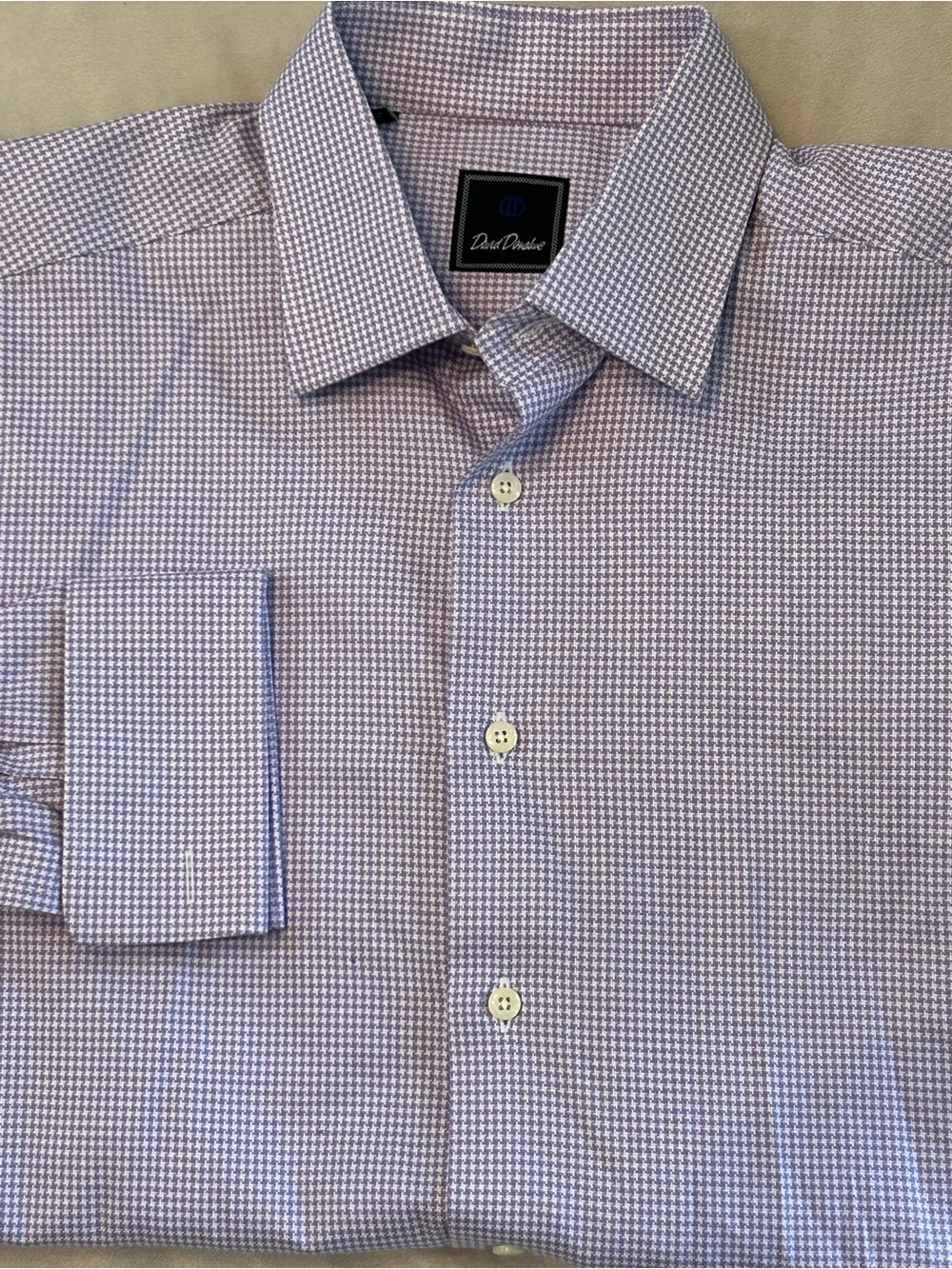 David Donahue Dress Shirt Mens 16.5 34/34 Purple Houndstooth French Cuff Cotton